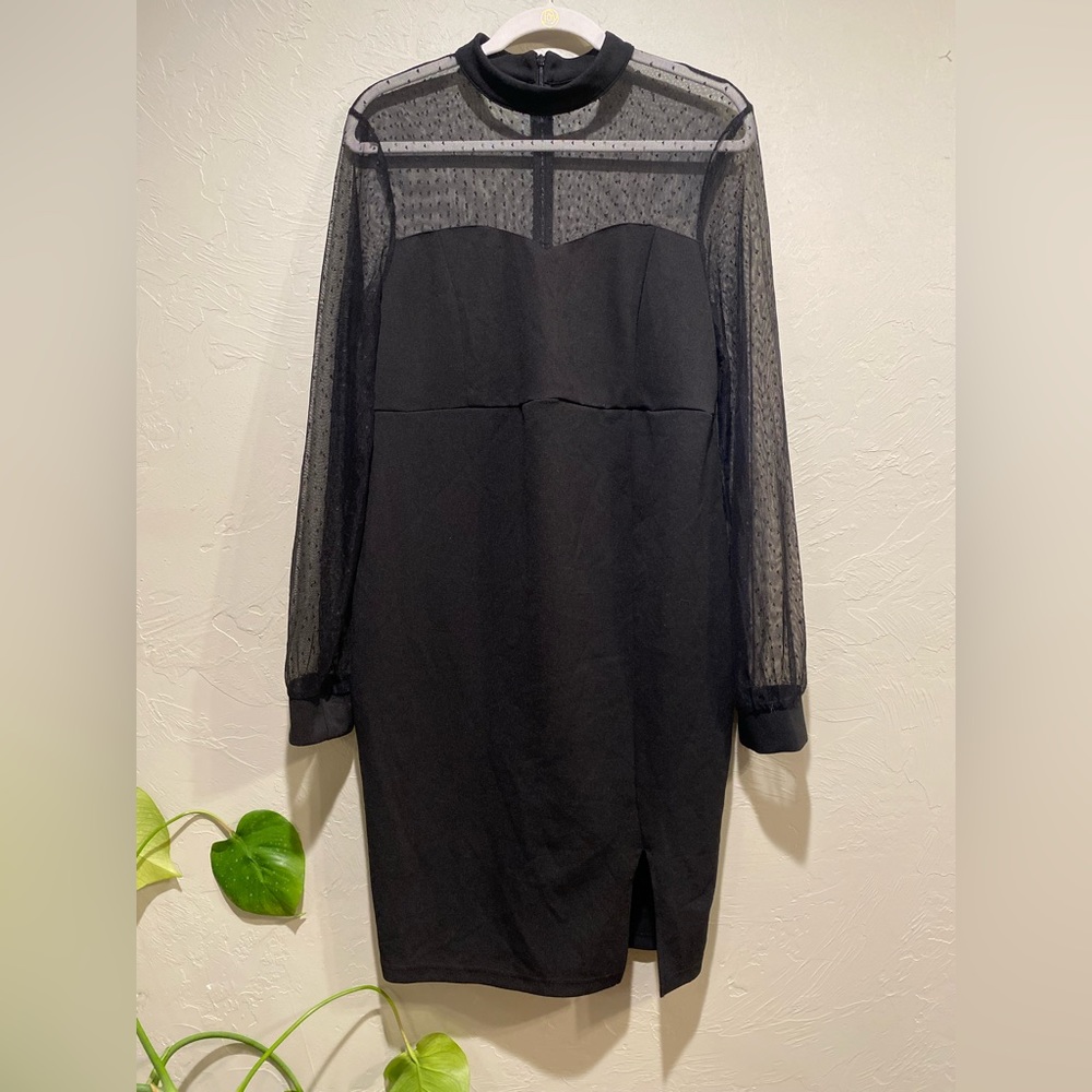 Black mock neck dress with Swiss dot detail on sleeves